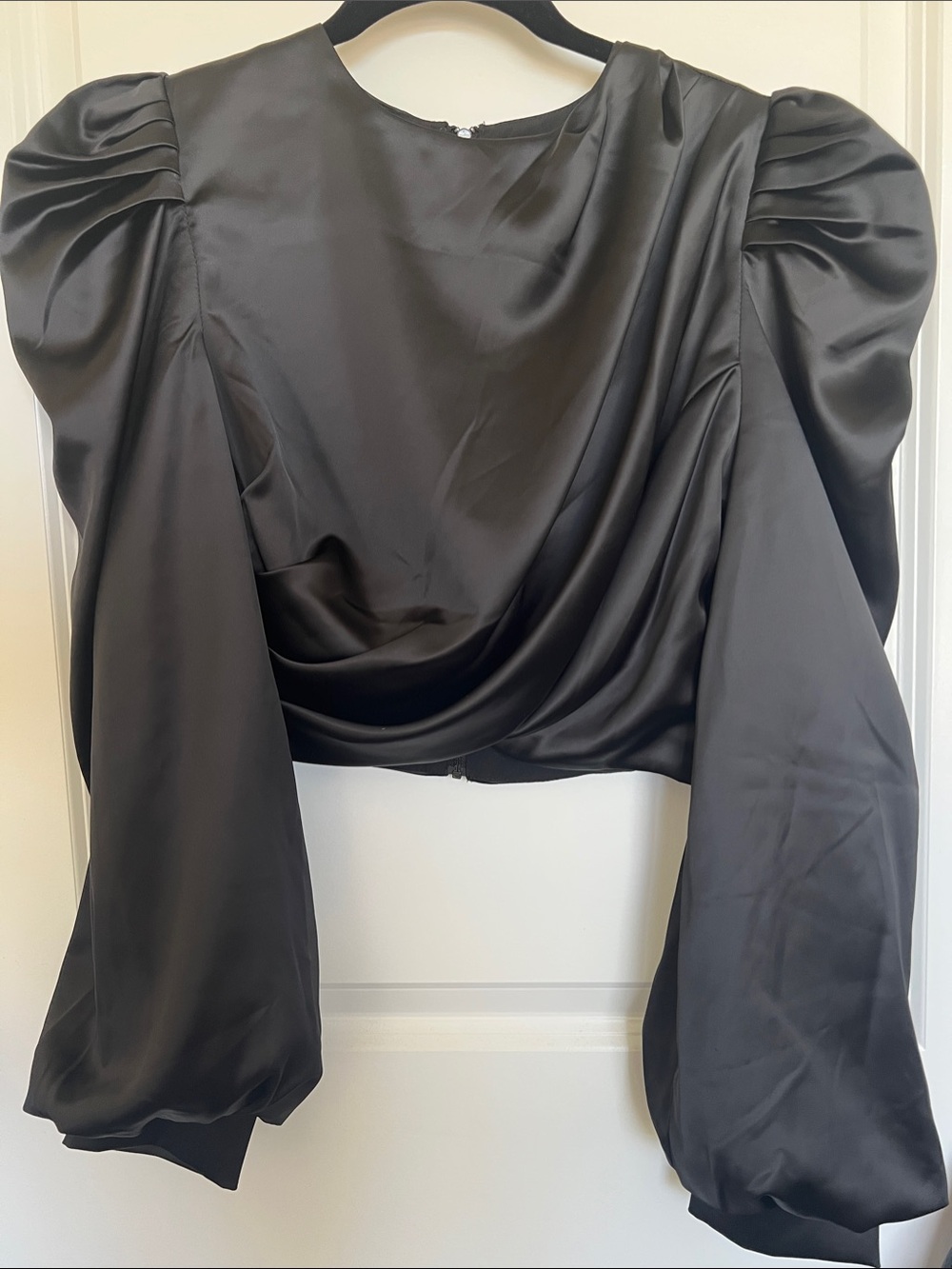 Mare Mare x Anthropologie Black Satin Puff-Sleeve Crop Blouse